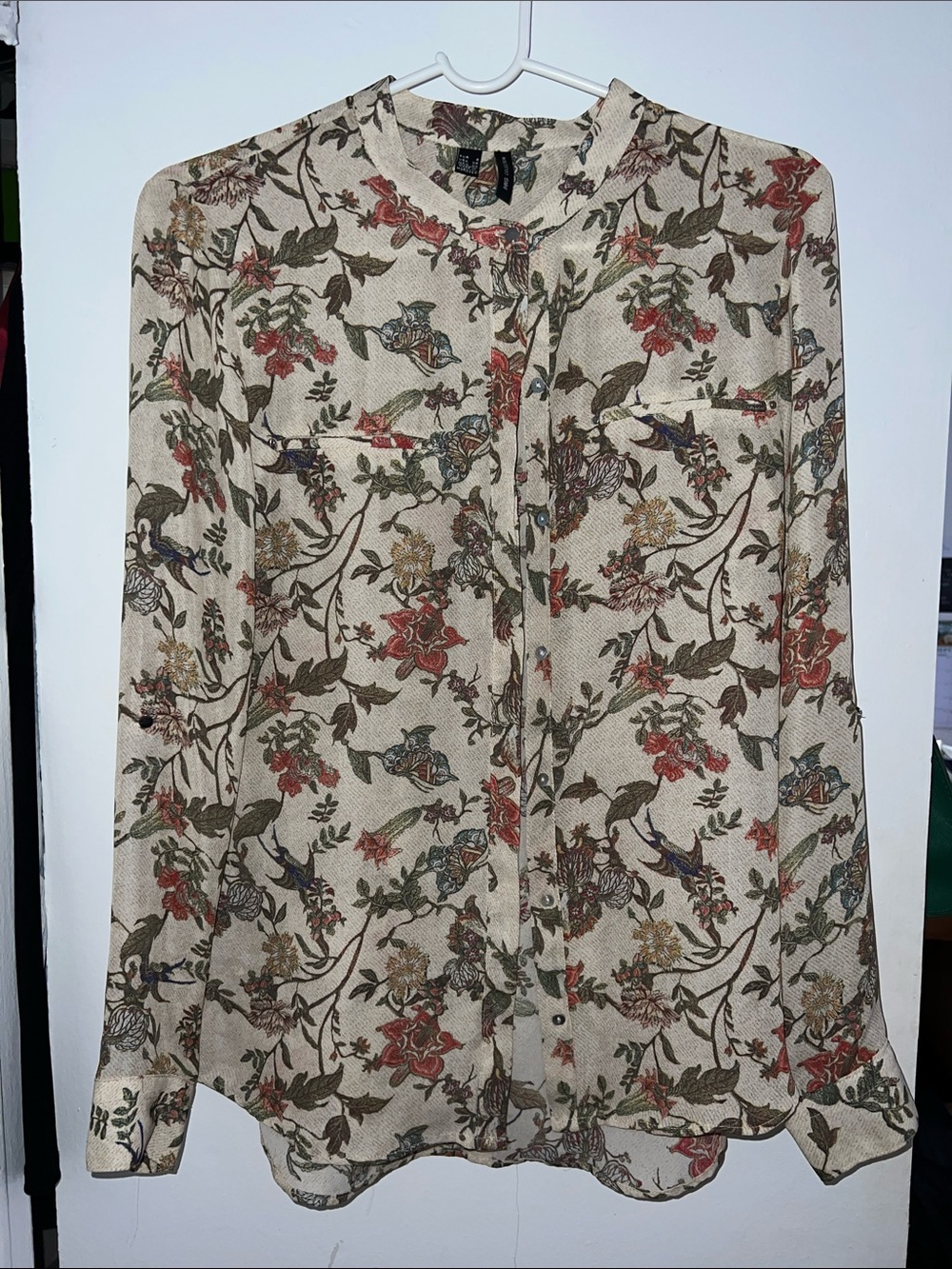 Mango Cream Floral Button-Front Tie-Neck Blouse